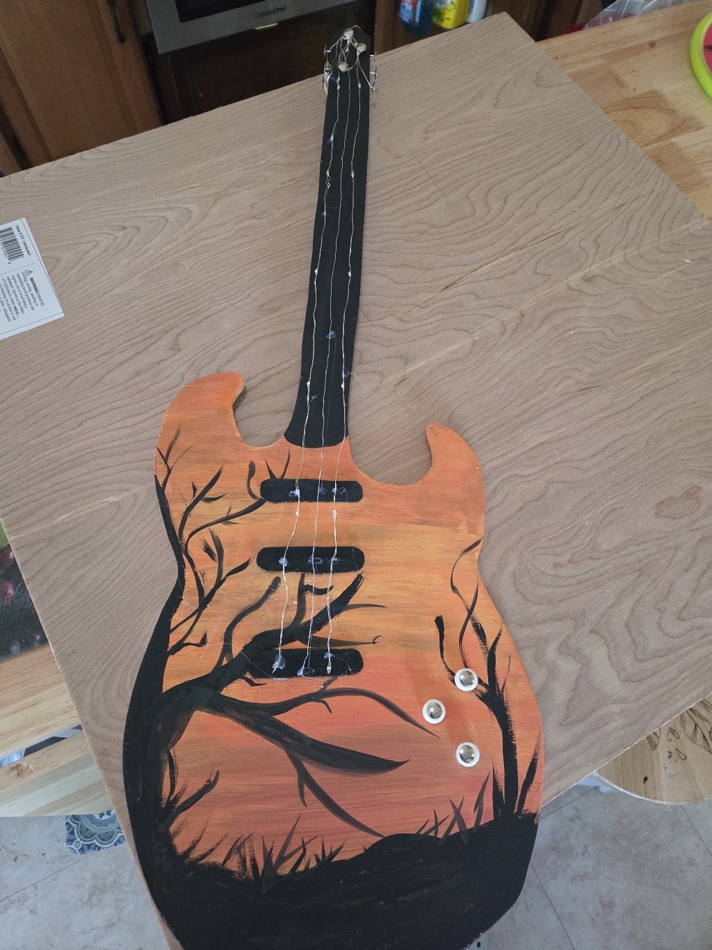 Hand Made  Electric Guitar Wall Art - With Lighted Strings 11x29